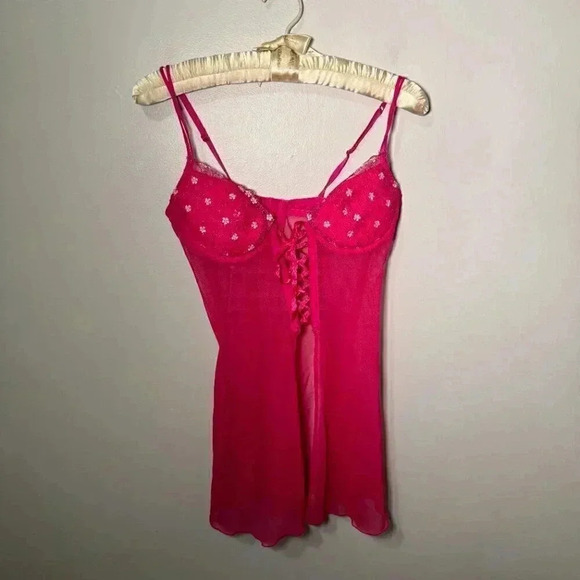 y2k Women Pink Sheer Babydoll Lace  Up Split Front Lingerie Top S - Picture 3 of 7